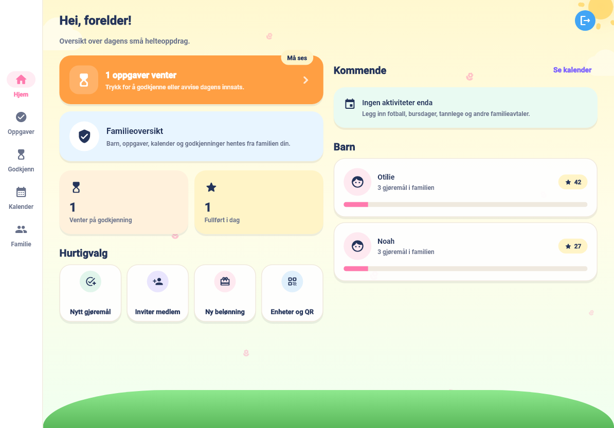 Små Helter på nettbrett med foreldreoversikt, oppgaver som venter, hurtigvalg, kalender og to syntetiske barneprofiler.